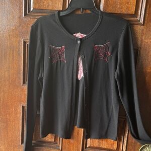 Black Cardigan with Red Web Embroidery